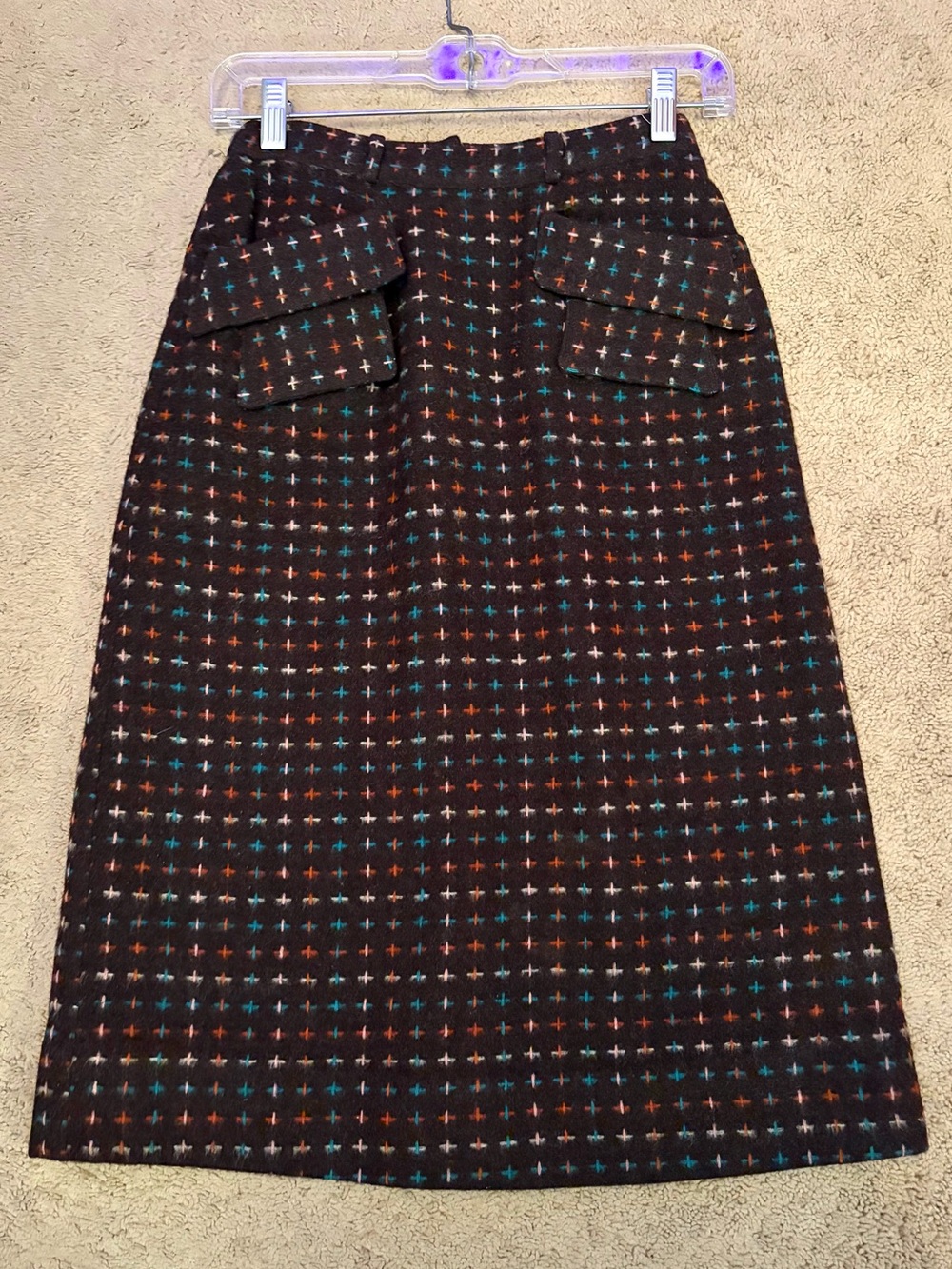 Vintage 1950s Atomic Crisscross Print Wool Pencil Skirt Teal Brown White XS